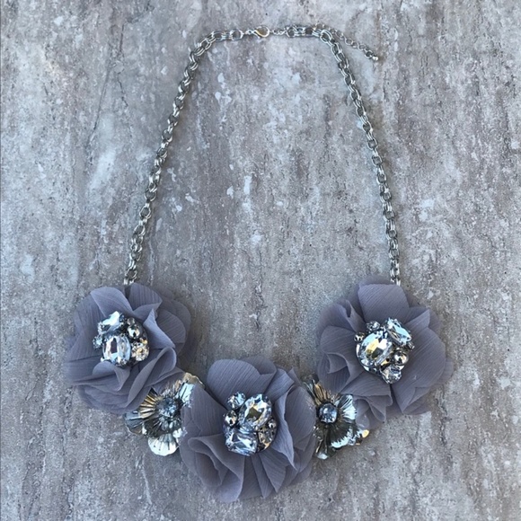 Handmade Jewelry - Necklace Crystals Grey Chiffon Flowers Silver
